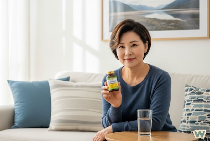 갱년기 치료 영양제를 들고 미소 짓는 중년 여성 via canva
