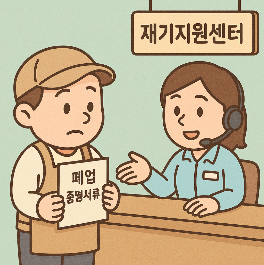 자영업자 캐릭터가 폐업 안내문을 들고 상담받는 장면
