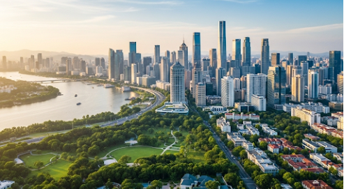 도시 스카이라인과 푸른 자연: 장기적인 성장과 안정적인 투자를 상징하는 이미지 (장기 투자를 위한 ETF 포트폴리오 구성)