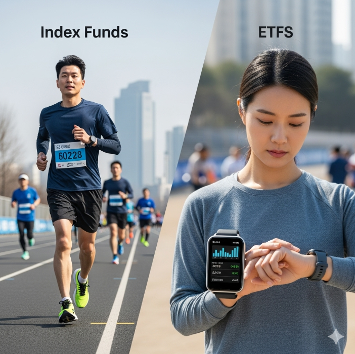 마라톤 코스를 묵묵히 달리는 한 사람과 스마트 워치를 보며 자신의 운동 기록을 분석하고 있는 한 사람이 함께 그려져 있다. 인덱스 펀드의 꾸준함과 ETF의 유연성을 상징한다.