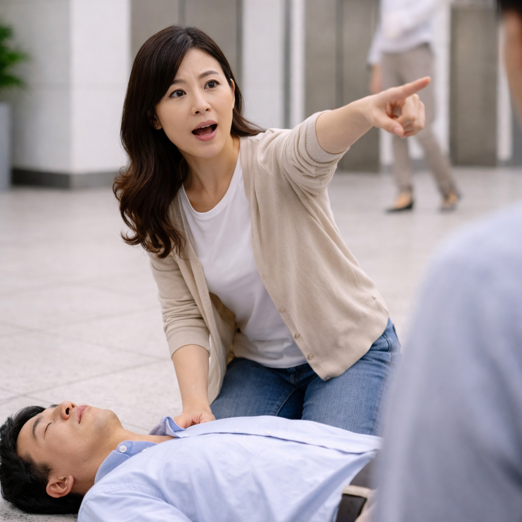 심폐소생술 시작 전 119 신고와 AED 요청을 주변 사람에게 지목하는 장면