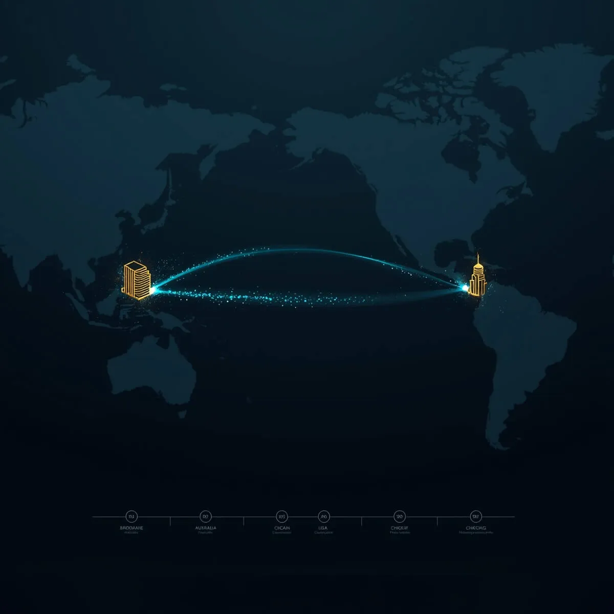 사이퀀텀(PsiQuantum): 사이퀀텀의 2027-2028년 글로벌 양자컴퓨터 배치 계획을 보여주는 세계 지도. 호주 브리즈번(2027년 4분기&amp;#44; 6억2천만 달러 투자)과 미국 시카고(2028년 1분기&amp;#44; DARPA 검증 완료)가 빛나는 시안색 광섬유 아크로 연결