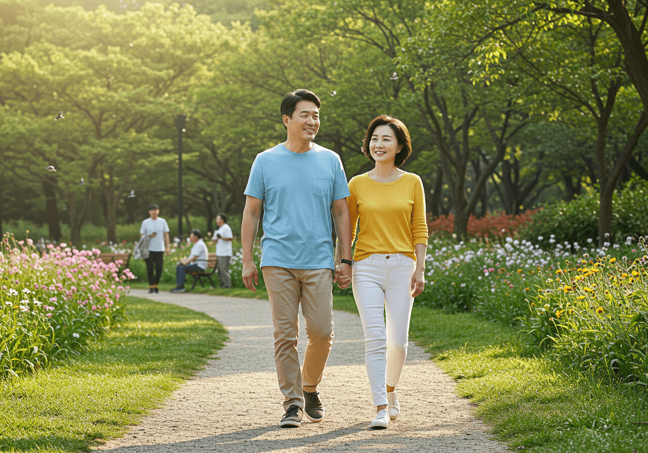 밝은 햇살이 비치는 공원 산책로에서 손을 잡고 걷는 50대 한국인 부부, 미소를 지으며 건강하고 행복한 모습을 보여주는 장면