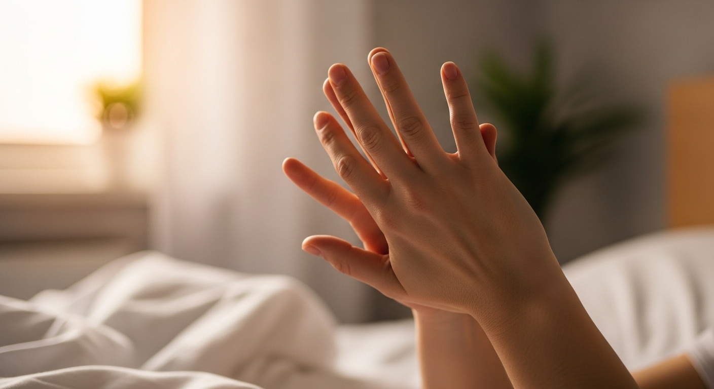 아침 햇살 아래 침대에서 부드럽게 기지개를 켜는 손과 팔의 모습