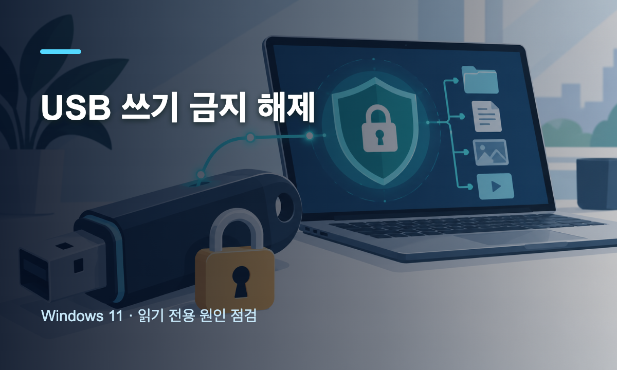 USB 저장장치와 자물쇠 삽화 위에 Windows 11 쓰기 금지 해제 전 점검 문구가 있는 대표 이미지