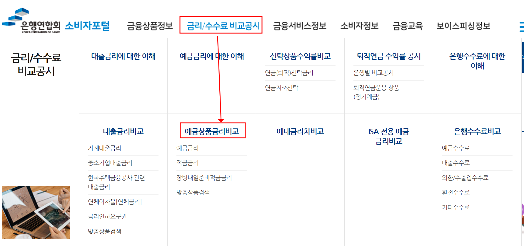 은행연합회 소비자포털 예금상품금리비교 메뉴