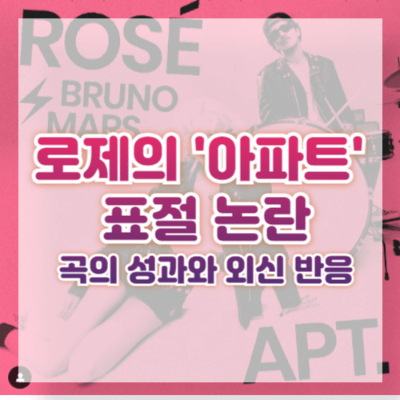 로제 아파트 (APT)
로제 브루노 마스 협업
K팝 글로벌 인기
로제 퍼펙트 올킬
스포티파이 글로벌 차트 1위
영국 오피셜 싱글 차트
아파트 해외 반응
아파트 외신 반응
한국어 발음 APATEU
K팝 인기 요인
아파트 음원 성과
로제 뮤직비디오 조회수
NME 로제 아파트 평가
빌보드 로제 평가
롤링스톤 로제 평가
아파트 중독성
아파트 음원 차트 성적
K팝 차트 성과