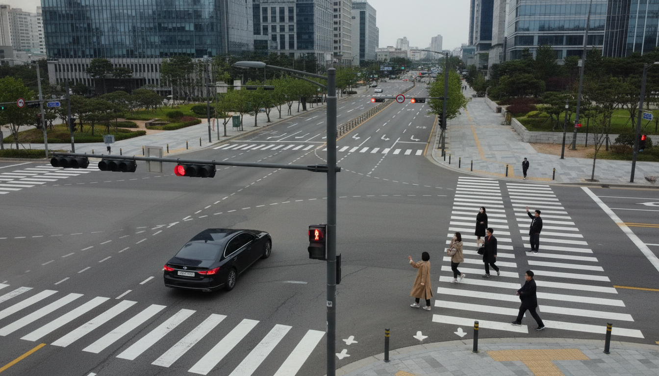 복잡한 현대 한국 교차로에서 우회전 신호를 기다리는 차량과 횡단보도를 건너는 보행자들