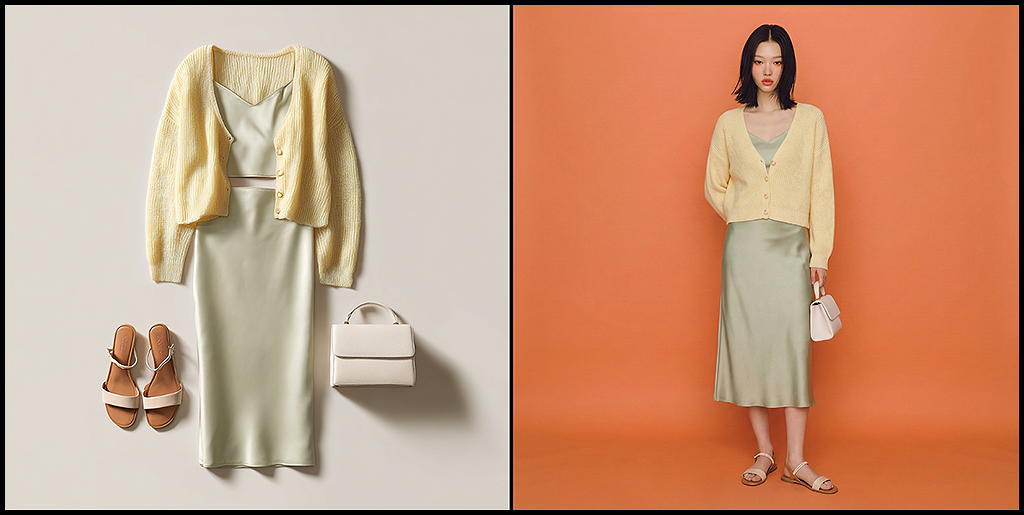 인물 고정 레이어드 상의 플랫레이 착장 결과 이미지_Midjourney &amp; Nano Banana