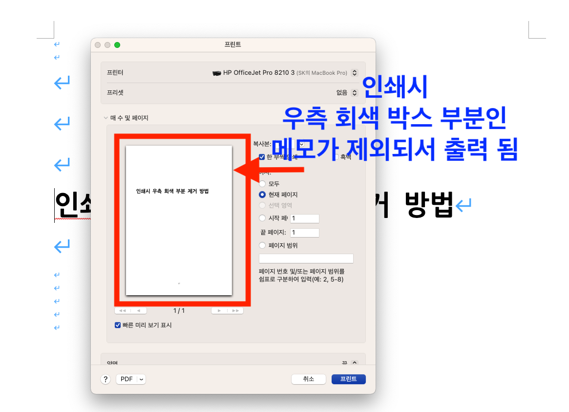MS워드 우측 회색 메모 제거하고 인쇄하기 출력하기