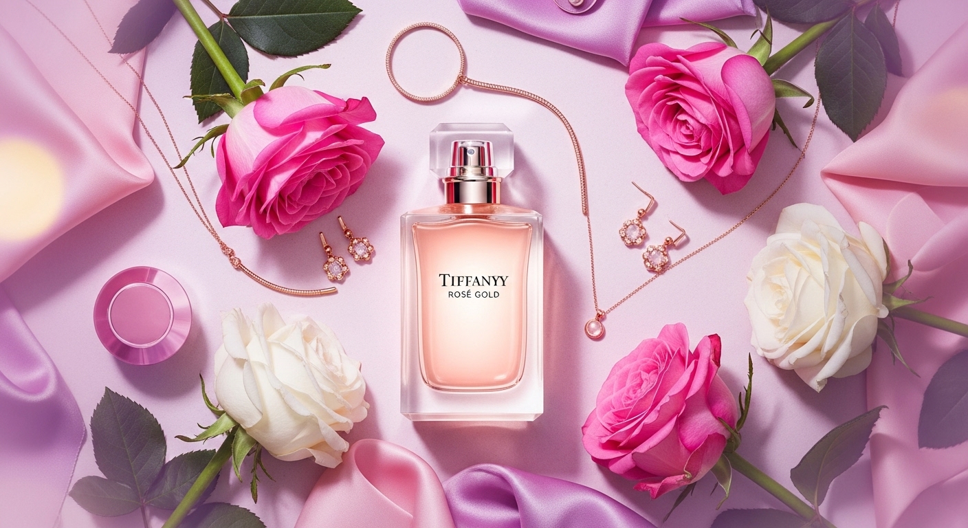 티파니 로즈 골드 EDP 향수와 장미, 로즈 골드 주얼리가 어우러진 고급스러운 이미지.