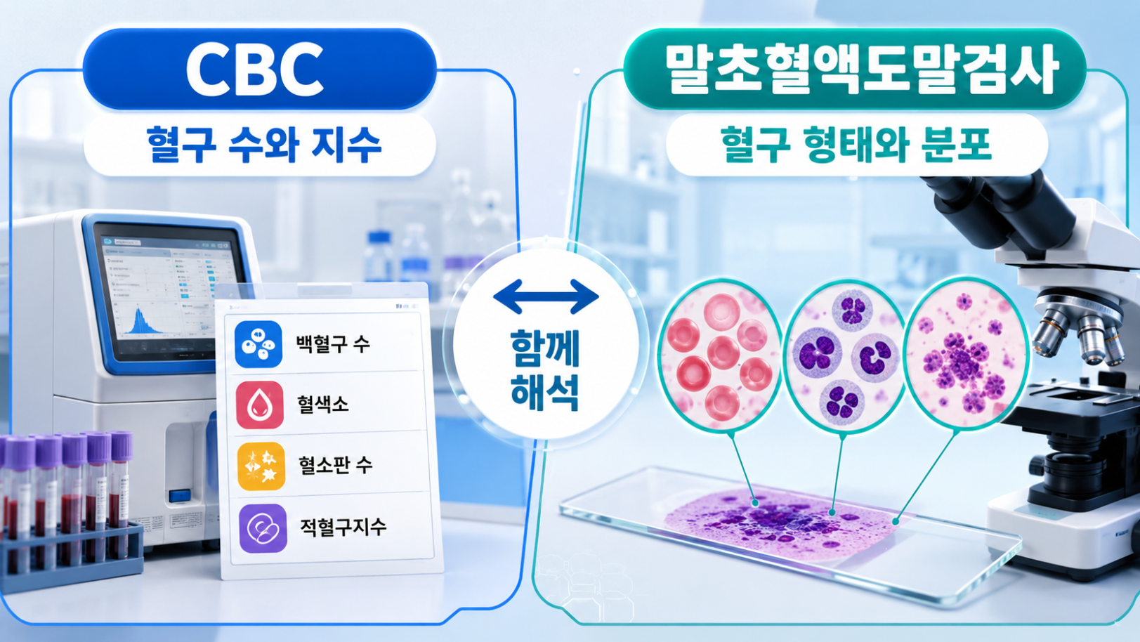 CBC와 말초혈액도말검사의 차이를 비교한 의료 인포그래픽으로 혈구 수·지수와 혈구 형태·분포를 함께 해석하는 구조