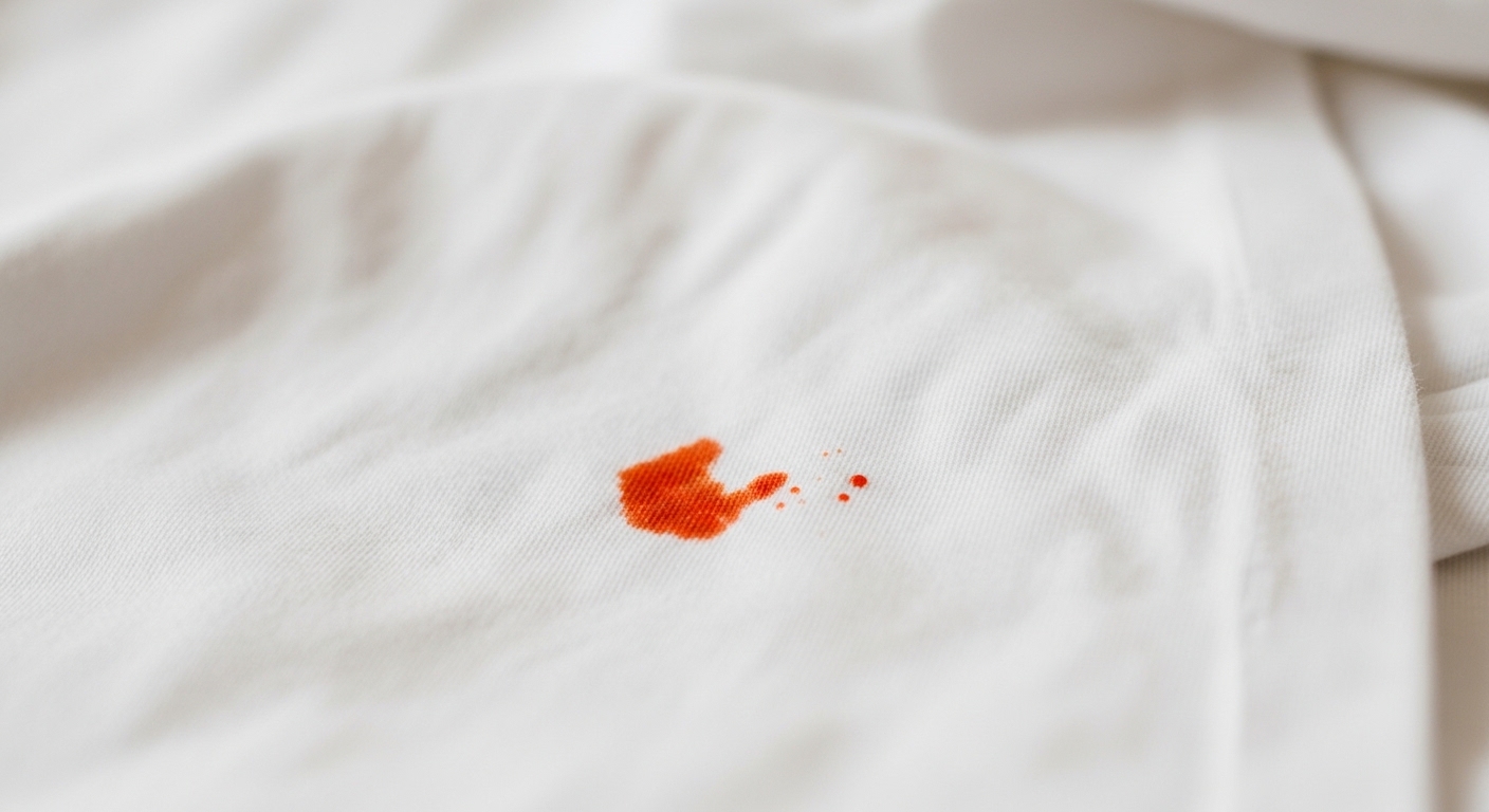 흰옷에 짬뽕 국물이나 김치 국물이 튀었을 때 물티슈로 문질러 얼룩이 심하게 번진 모습