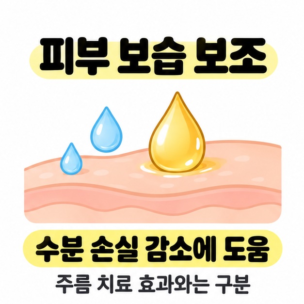 피부 표면의 물방울과 오일 방울로 수분 손실 감소에 도움을 주는 보습 역할과 주름 치료 효과의 구분을 설명한 그림