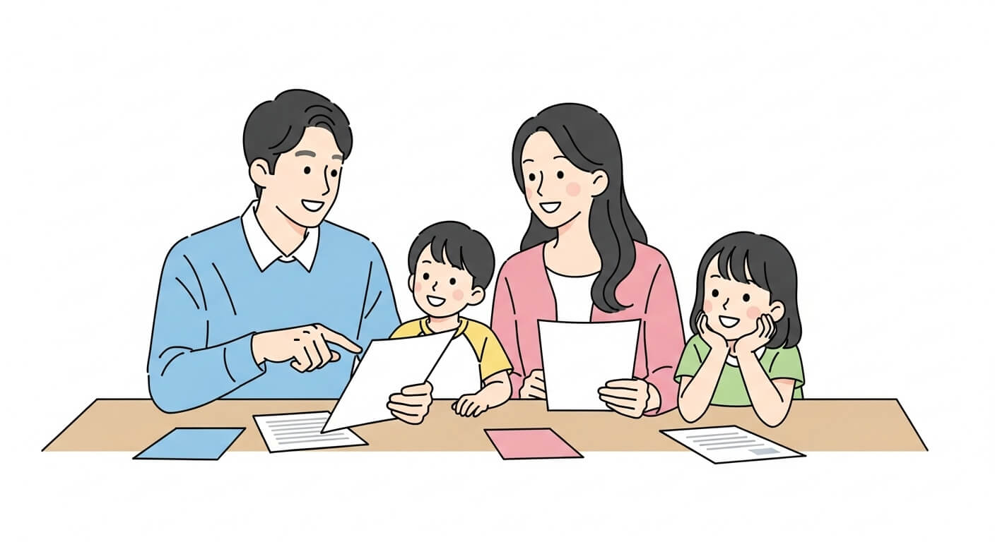 자녀장려금 소득기준이 완화되어 가족이 함께 서류를 확인하는 장면 2