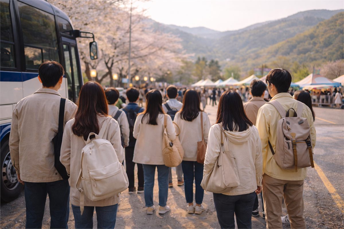축제장 인근에서 셔틀을 기다리는 방문객들의 모습 