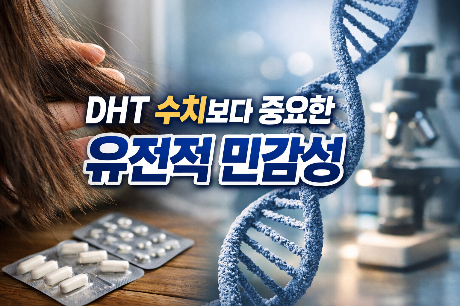 머리카락을 잡은 손과 DNA 이중나선, 실험실 배경 위에 ‘DHT 수치보다 중요한 유전적 민감성’ 문구가 들어간 크레아틴 탈모 정보 썸네일