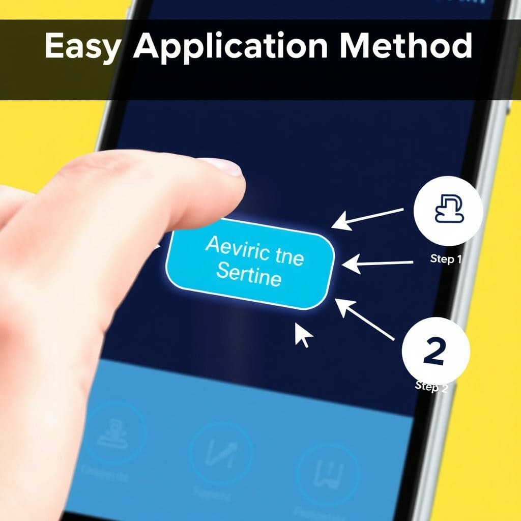 스마트폰 앱이나 웹사이트 화면에서 서비스 신청 버튼을 손가락으로 누르는 모습을 클로즈업하여 보여줍니다. 단계별 진행을 나타내는 숫자 아이콘(예: 1단계, 2단계)이나 화살표 등을 사용하여 과정의 흐름을 시각화할 수 있습니다. 배경은 밝고 친근한 색상으로 구성하여 서비스 이용이 복잡하지 않다는 느낌을 줍니다