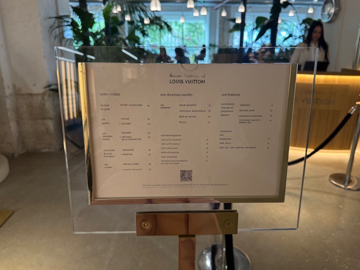 The dessert and drink menu with prices at Louis Vuitton Cafe by Maxime Frederic inside LV DREAM Paris ❘ Le menu des desserts et des boissons avec les prix au Louis Vuitton Café par Maxime Frédéric chez LV DREAM