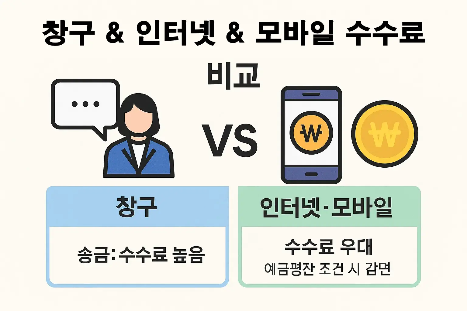 IBK기업은행 창구 거래와 인터넷·모바일 비대면 송금 간의 수수료 차이, 예금평잔 충족 시 수수료 감면 조건을 시각적으로 비교한 인포그래픽입니다.