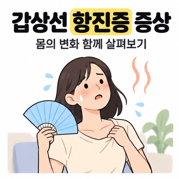 갑상선 항진증 증상과 몸의 변화 함께 살펴보기라는 문구 아래 땀을 흘리며 부채질하는 사람