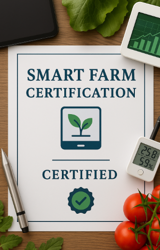 스마트팜 자격증과 주변에 배치된 온도·습도 센서, 태블릿, 채소 이미지