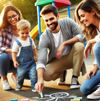 아이와 선생님 그리고 부모가 함께 놀고 있는 모습 관련 사진