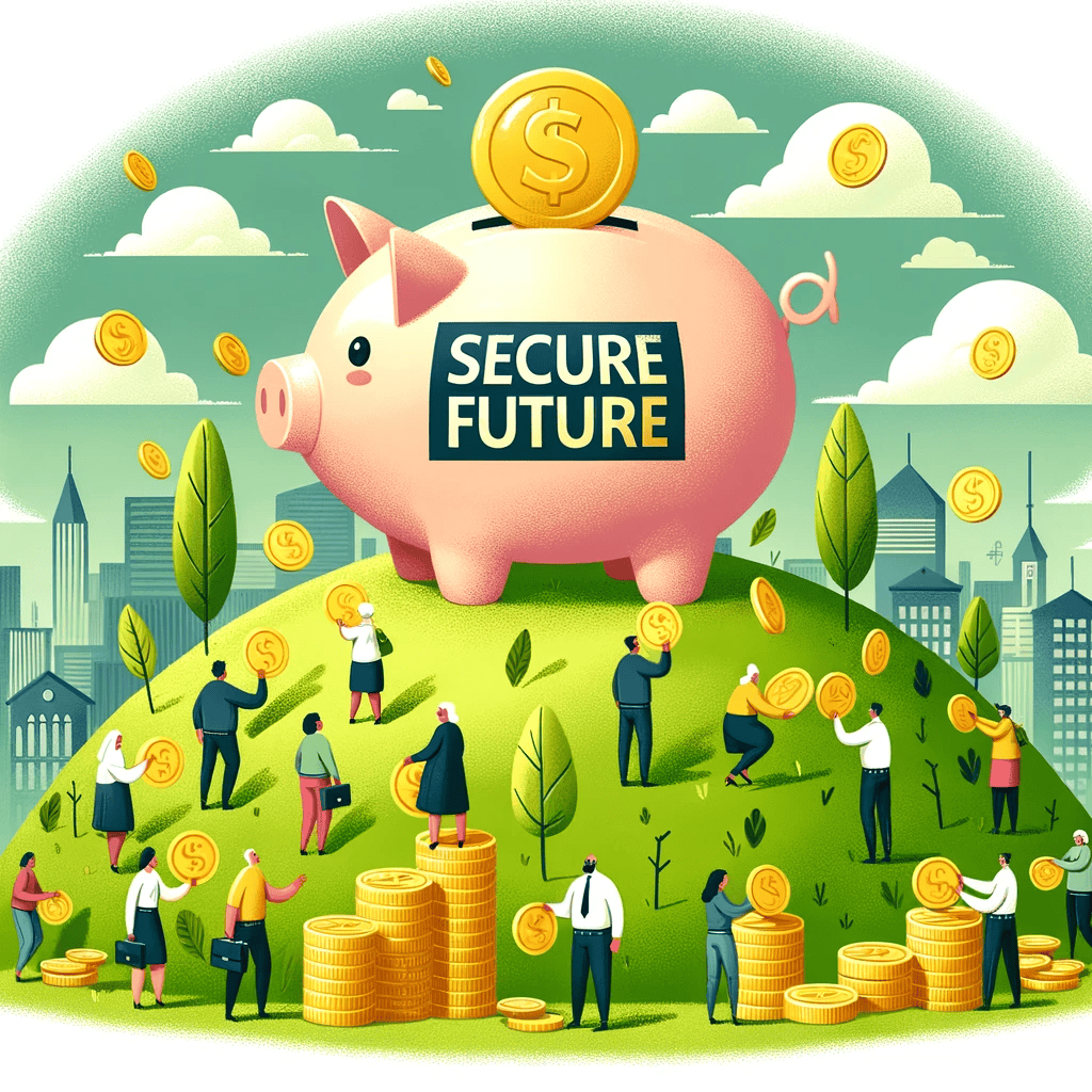 A-depiction-of-a-giant-piggy-bank-on-a-hill,-with-various-people-actively-contributing-to-their-savings,-and-a-city-skyline-below,-signifying-the-life-they've-built-with-wise-pension-management.