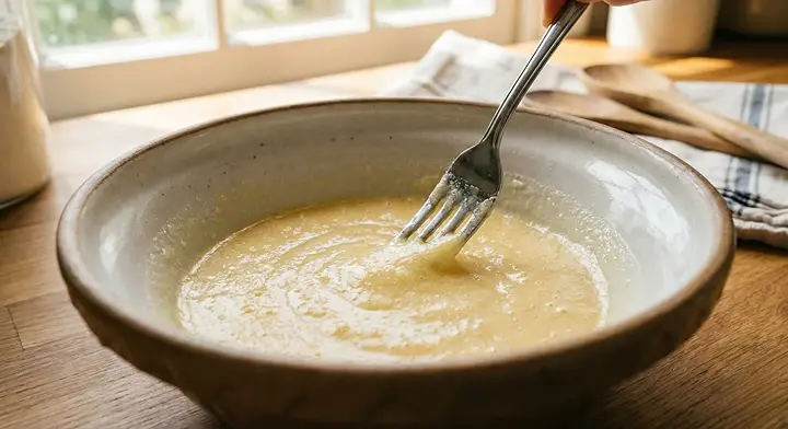 그릇에서 포크로 계란과 설탕, 우유를 섞어 계란물을 만드는 과정