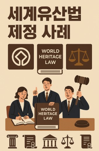 세계유산법 책을 중심으로 법률가들이 토론하며 법의 균형과 문화유산 상징을 함께 표현한 장면