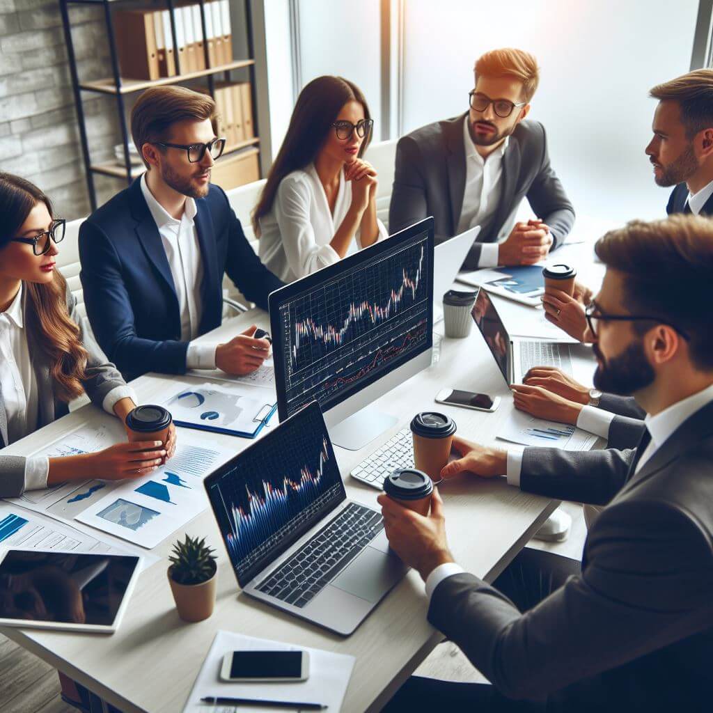 채권 투자 방법을 공유하는 투자자들 책상에서 커피를 마시며 회의하는 모습