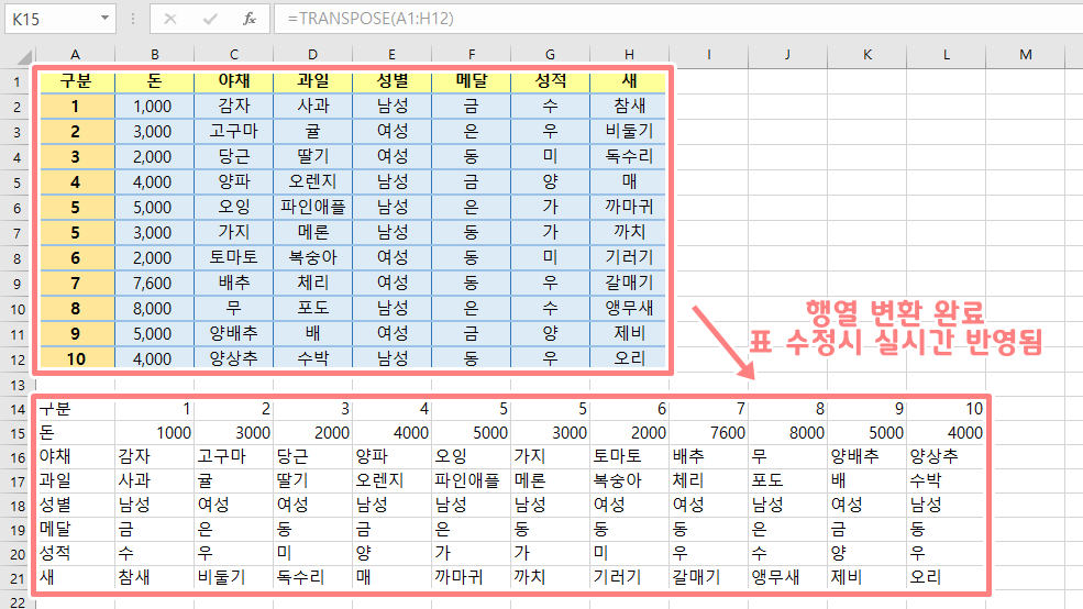 액셀 행열 변환