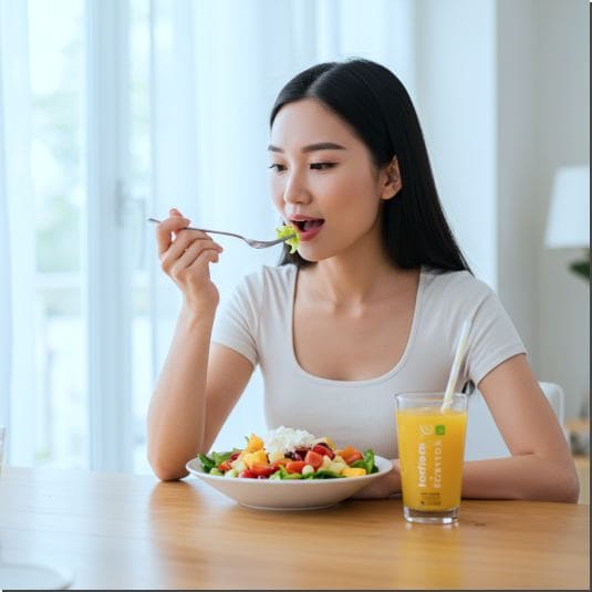 자반증에 좋은 음식, 샐러드와 주스 먹는 여성 사진