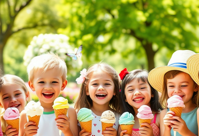 아이스크림을 먹으며 행복한 아이들