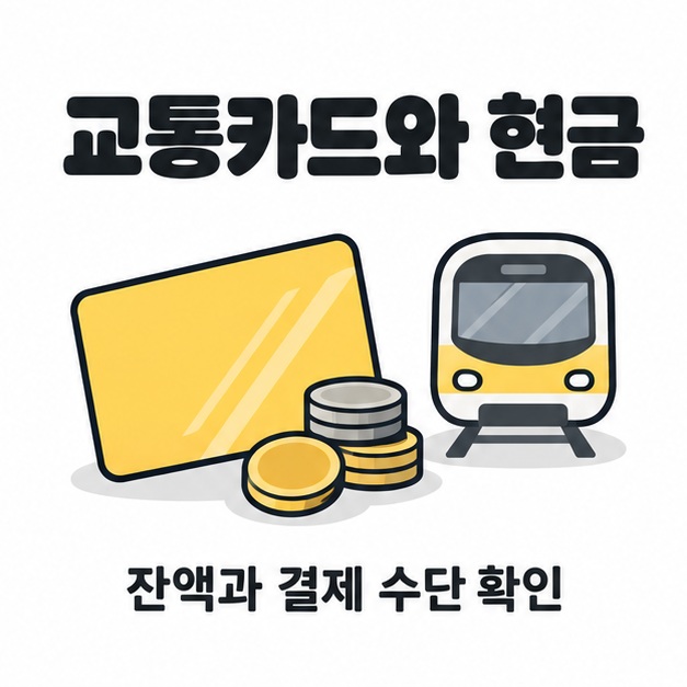 교통카드와 현금을 함께 준비하자는 문구와 교통카드, 동전, 열차 그림