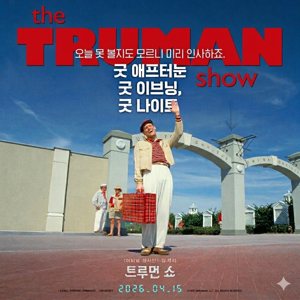 "트루먼쇼" 영화 트루먼쇼 공식 포스터 - 가짜 세상을 깨뜨리는 트루먼의 주체적 탈출