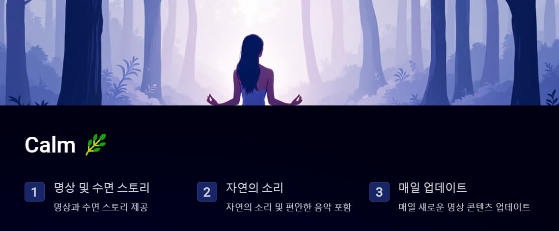 숲 속에서 명상 중인 여성의 실루엣 이미지와 함께 'Calm' 앱의 기능을 강조한 설명. 자연의 소리와 명상을 주제로 한 디자인 요소가 포함되어 있습니다
