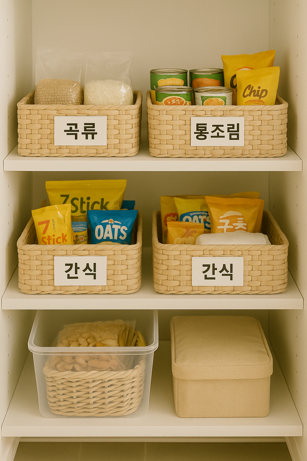 카테고리별로 바구니에 정리된 주방 팬트리 선반