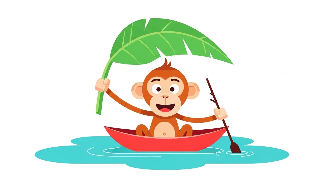 우산을 배처럼 활용하여 물웅덩이를 건너는 재치 있는 원숭이 캐릭터 일러스트