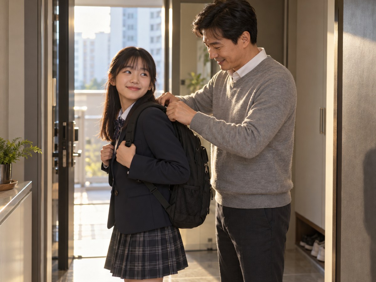 아침 등굣길에 아이 가방을 챙겨주는 아빠