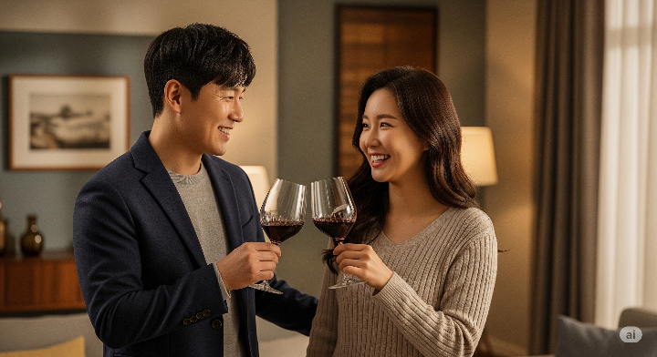 와인 잔을 들고 미소 짓는 커플