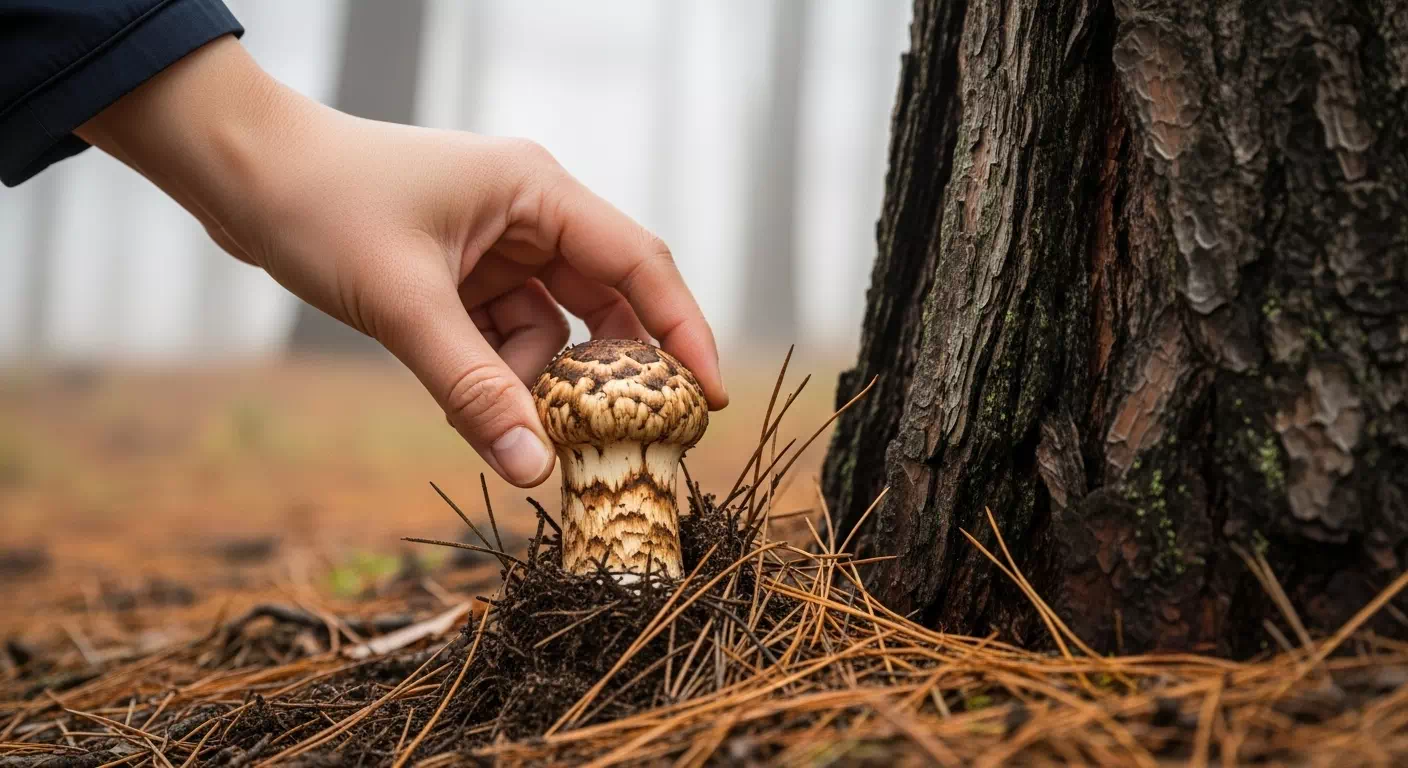 자연송이버섯 수확 장면 – 한국인 손이 가을 숲 속 소나무 뿌리에서 송이버섯을 따는 모습