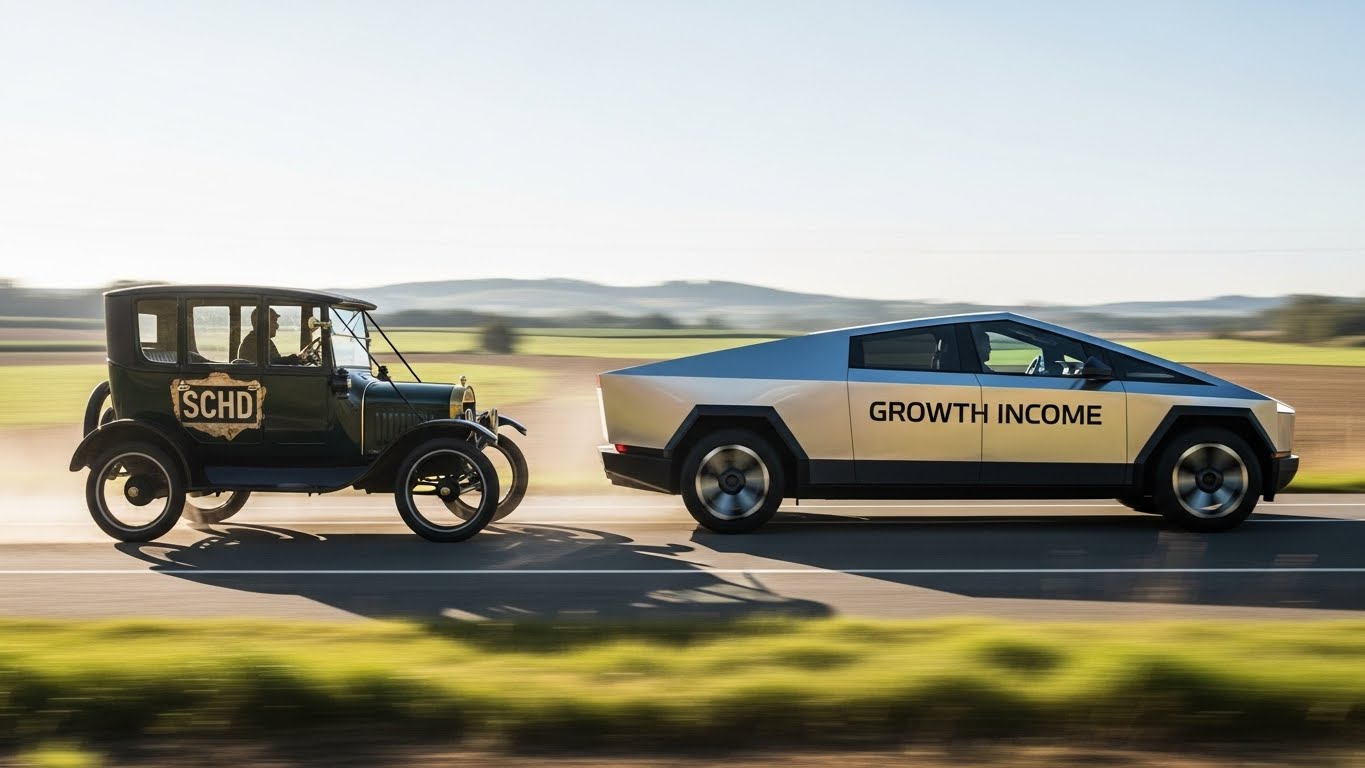 멈춰버린 낡은 자동차(전통 배당주)를 추월하여 질주하는 최신형 전기차(성장형 커버드콜)의 모습