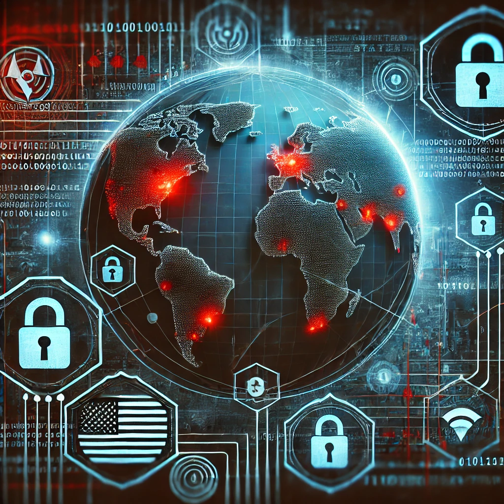 미국의 민감 국가 지정과 글로벌 사이버 보안 문제를 시각적으로 표현한 이미지. 미국이 강조된 세계 지도와 보안 잠금 아이콘, 디지털 네트워크 라인이 배경을 이루며, 사이버 위협과 국가 안보의 중요성을 상징적으로 나타낸다.