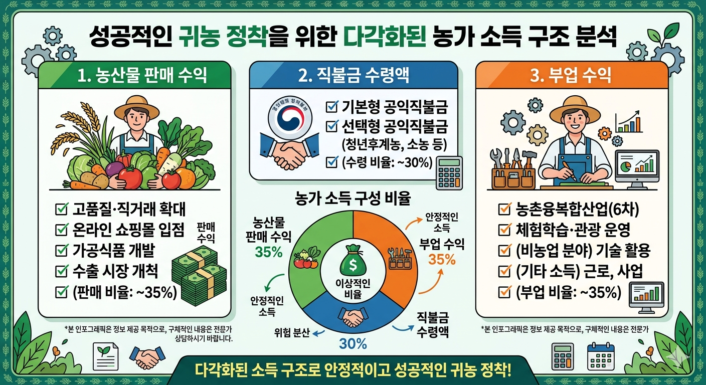 다각화 된 귀농정착을 위한 소득 구조 인포그래픽