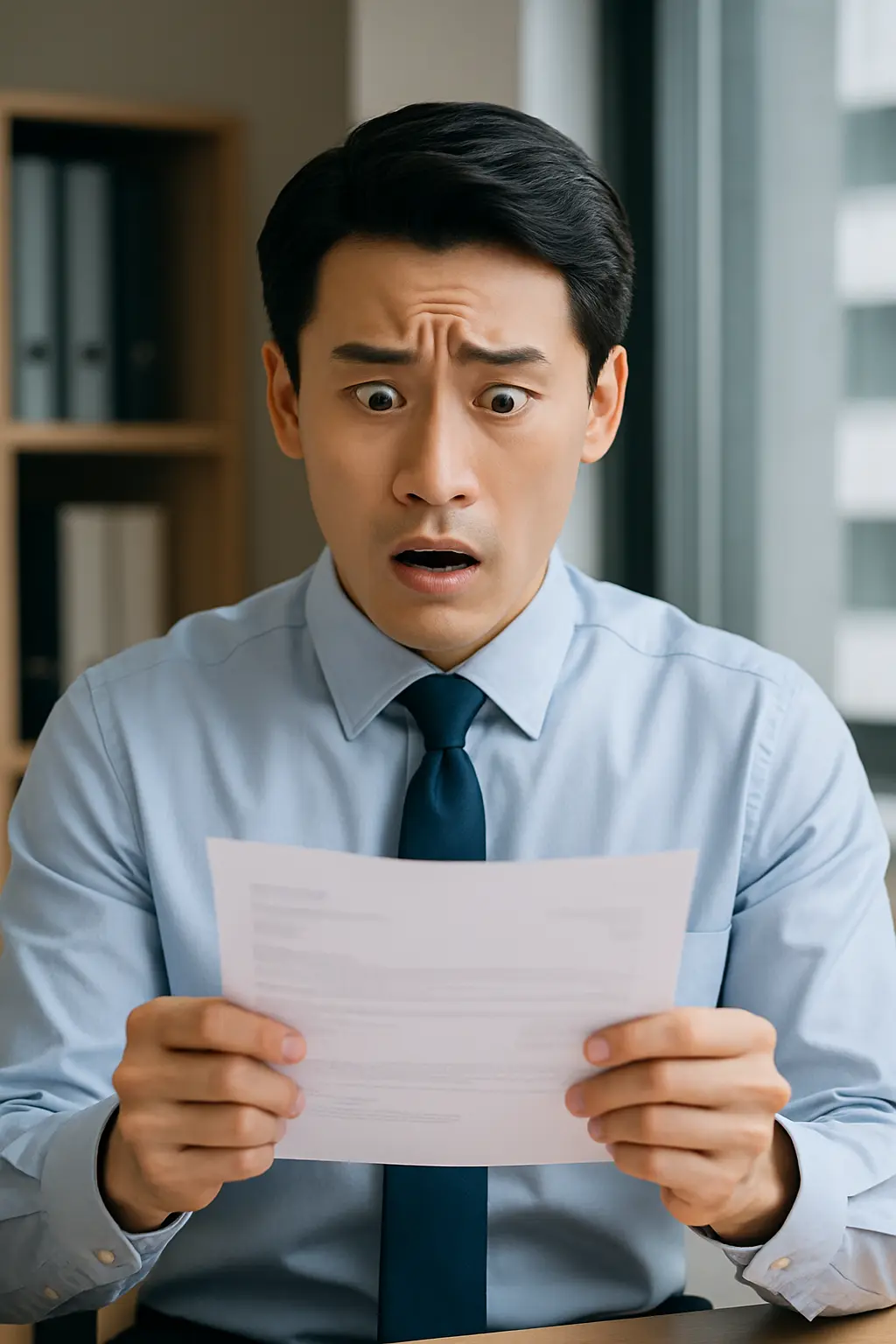 신용카드 청구서를 보고 놀란 표정을 짓는 직장인의 얼굴