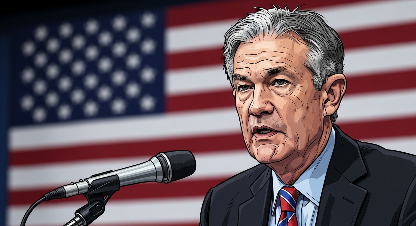 Illustration of Jerome Powell speaking seriously into a microphone at a press conference, with the US flag in the background.