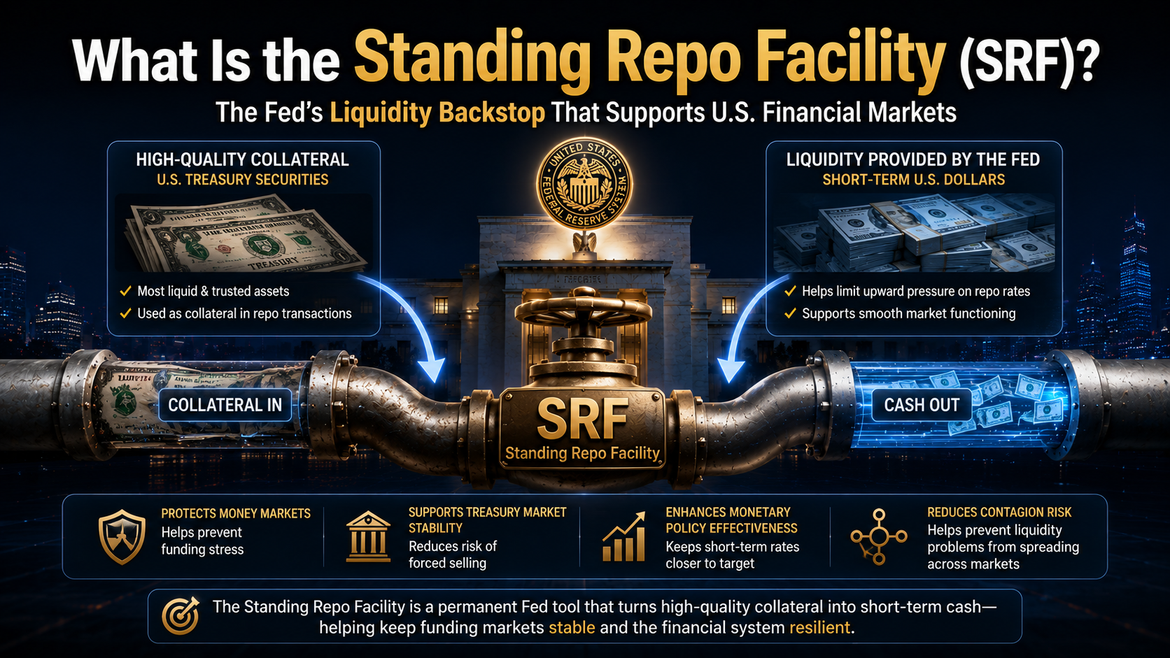 Standing Repo Facility SRF explained with Federal Reserve, U.S. Treasury collateral, short-term dollar liquidity, and financial market stability