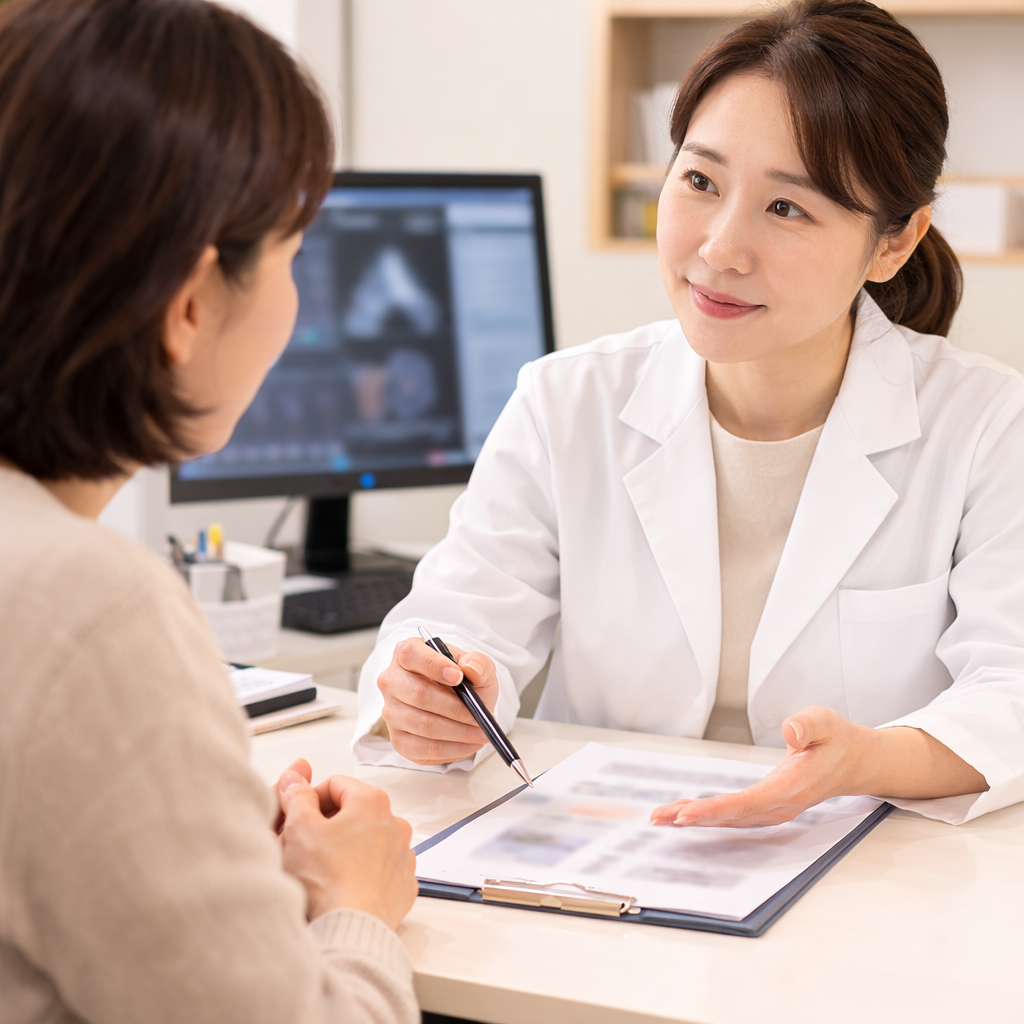 쿠싱증후군 의심 증상으로 내분비내과에서 상담을 받는 모습을 표현한 이미지