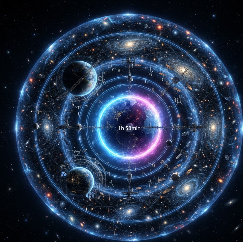 지구 수준의 문명부터 항성과 은하 전체의 에너지를 지배하는 거대 문명까지의 발전 단계를 구체적으로 시각화한 카르다쇼프 척도 개념 일러스트